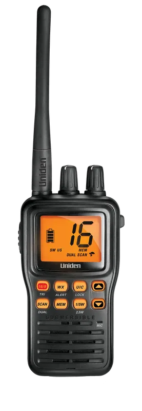 MHS75 – UNIDEN AMERI VHF Radio, Handheld United States/ Canadian/ International Channels 1/2.5/5 Watt 10 NOAA Weather...